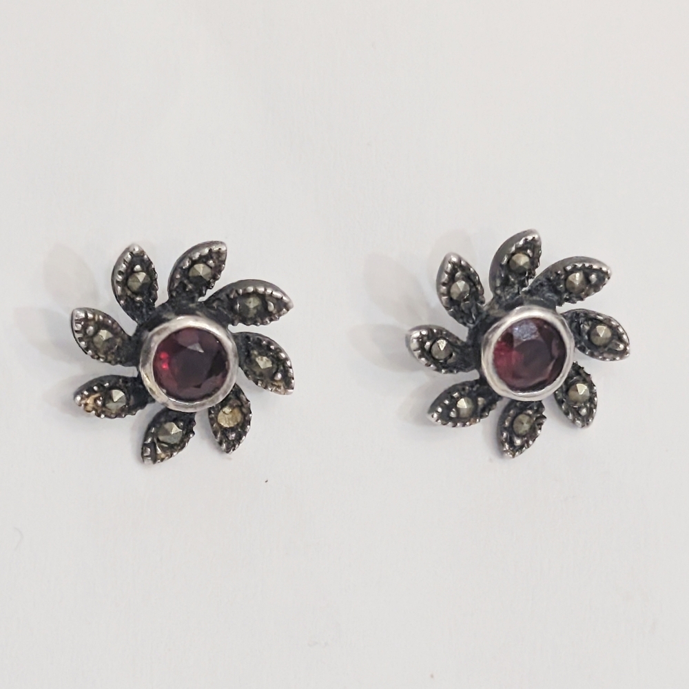 Vintage Y2K Faceted Garnet & Marcasite Flower Earrings set in Sterling Silver